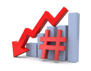Obraz premium 3D bar chart with a red downward arrow and hashtag symbol, representing declining trends, negative social media metrics, market loss, reduced engagement, and falling business performance.