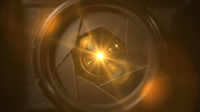 camera lens aperture with bright light flare, photography concept