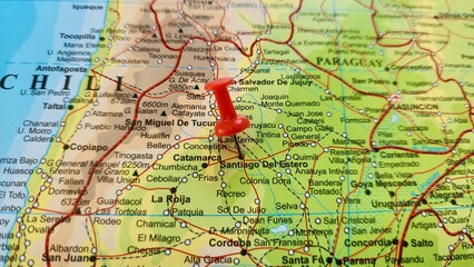 Naklejka premium View of Santiago del Estero, The capital of Santiago del Estero Province in northern Argentina, on a geographical map of America, marked with red push pin