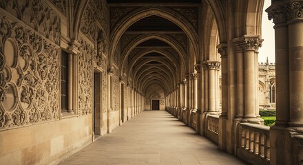 Ornate Gothic Cloister Arches with Intricate Stone Carvings and Distant Sunlight.