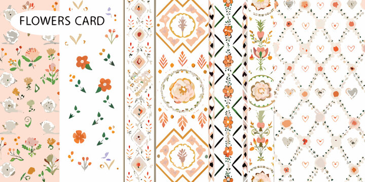 Floral patterns and geometric designs on a decorative card background
