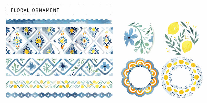 Watercolor floral and geometric patterns arranged in a decorative sheet