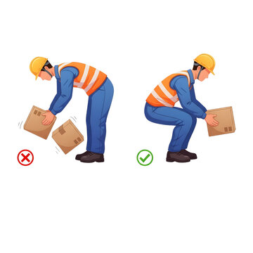 Work place Safety Worker Lowering Box Proper Technique Factory Ergonomics Flat Vector