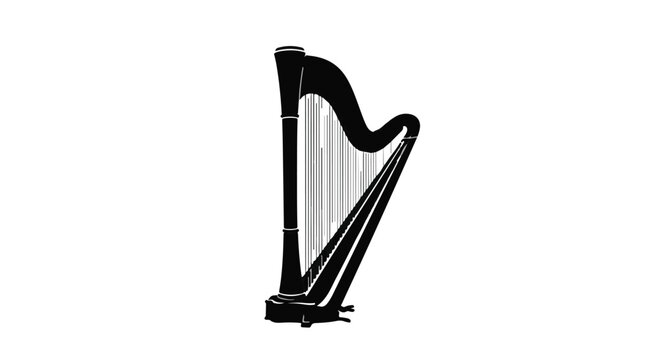 A classic black harp with its strings prominently displayed stands elegantly isolated on a white background, perfect for music and performance themes.