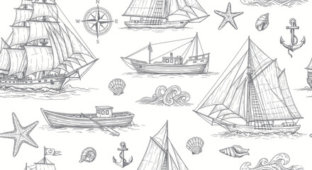 Vintage Sailing Ships and Nautical Elements Seamless Pattern © anis
