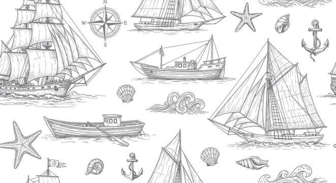Vintage Sailing Ships and Nautical Elements Seamless Pattern