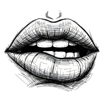 Expressive Lips Sketch, Biting Lip, Drawing, Black and White