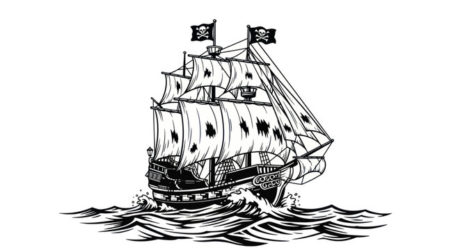 Pirate Ship Sailing on Rough Seas with Jolly Roger Flags