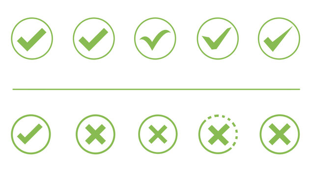 Set of green check marks and crosses icons for validation and user interface design.