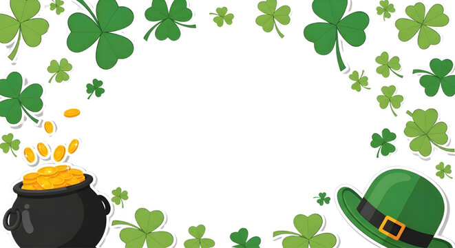 St. Patrick's Day Frame, Pot of Gold and Shamrocks, A decorative frame with cartoon shamrocks, falling gold coins, a black pot of gold, and a green leprechaun hat on a white background