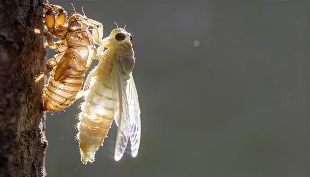 Macro bug life extreme detail cicada emerging from brown shell on tree bark backlight nature transformation delicate wing insect metamorphosis outdoor forest calm sunlight glow new life emergence
