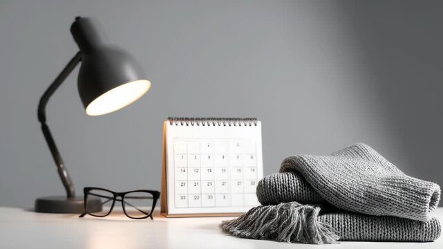 Modern workspace with a desk lamp, calendar, eyeglasses, and cozy knitted blanket on a white table against a gray wall. Minimalist home office setup for productivity and comfort