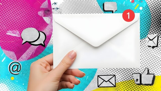 Hand holding a blank paper envelope icon representing a business letter or email message for web communication post design illustration