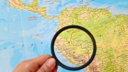 View of Peru, is a city in, and the county seat of, Miami County, Indiana, United States, on a geographical map of America, seen using a magnifying glass