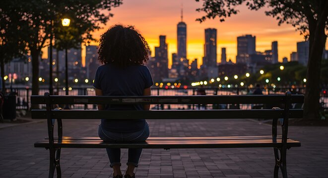 Silhouette of a Woman Contemplating the Cityscape at Sunset.