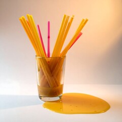 A glass of straws with a spill on a white surface, lit warmly