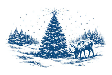 Vintage hand drawn engraving of a decorated Christmas tree in a snowy forest with a reindeer grazing nearby, winter holiday vector illustration. © Chairul