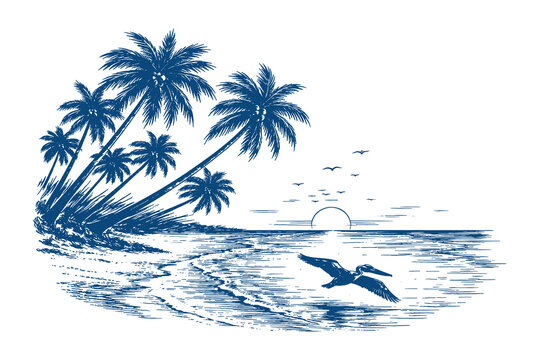 Vintage hand drawn engraving of a tropical beach with leaning palm trees and a large bird flying over the ocean at sunset, coastal vector illustration.