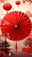 A vibrant digital illustration depicts a red, open parasol set against an Asian-inspired background, with lanterns and cherry blossoms