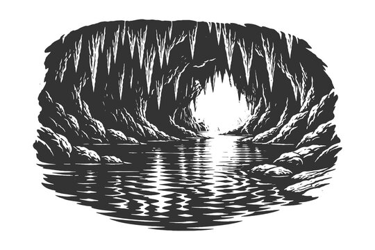 Vintage hand drawn engraving of a deep underground cave with sharp stalactites and a calm lake, mystical cavern interior vector illustration.