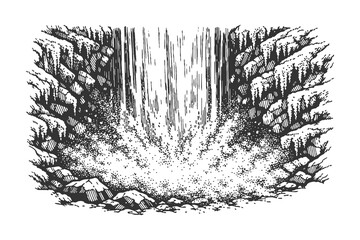 Vintage hand drawn engraving of a powerful waterfall flowing down a rocky canyon wall, scenic nature landscape vector illustration background. © Chairul