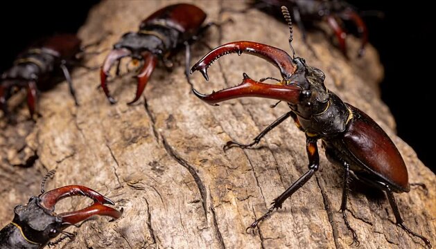Macro beetle insect bug life extreme closeup stag beetle horn mandible detail on rough tree bark texture with dramatic focus contrast wild nature habitat background low key mood