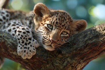 Obraz premium Young leopard resting on a tree branch in lush forest wildlife photography natural habitat