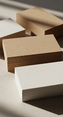 Stacks of blank white and brown kraft paper cards arranged on a light surface with natural shadows.