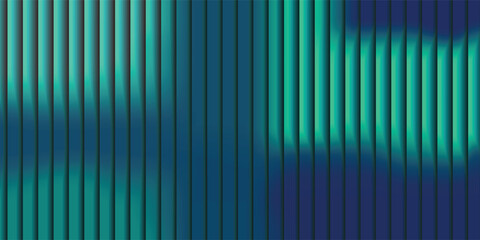 Fototapeta premium Glass green ribbed texture background with vertical fluted gradient pattern and abstract 3D lines in blue light design