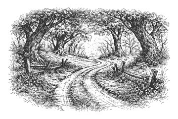 Obraz premium Serene forest path winding through old trees and rustic wooden fences, vintage hand drawn engraving style vector illustration of a woodland landscape.