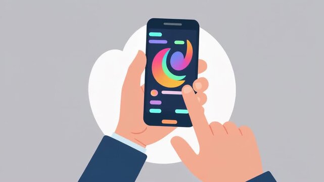 Modern smartphone app usage featuring human hands tapping a vibrant digital interface, symbolizing intuitive mobile technology and seamless user experience with interactive content
