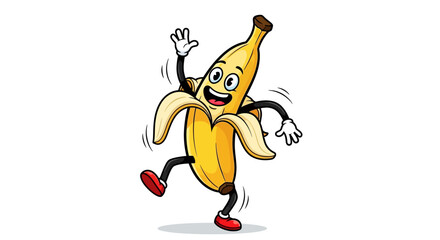 Fototapeta premium A cheerful cartoon banana character with a happy face, dancing and waving hello.
