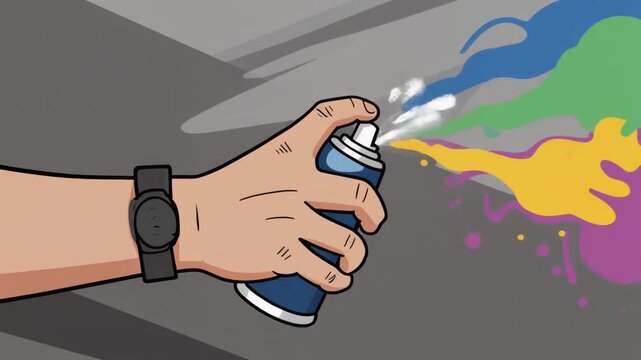 Vibrant vector illustration of a hand holding an aerosol spray paint can, actively releasing a dynamic burst of multi-colored paint, symbolizing creative expression and urban art
