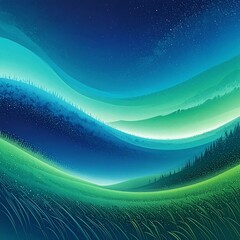 A vibrant digital illustration depicts rolling hills and a layered sky, transitioning from green to blue with subtle star details