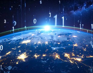 A vibrant digital illustration depicts the Earth from space, with a sunrise. Binary code appears to be floating above