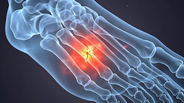 Medical Animation of Human Foot Skeleton with Red Highlighted Metatarsal Bones Indicating Fracture or Injury on Dark Gray Background with Subtle Light Effects