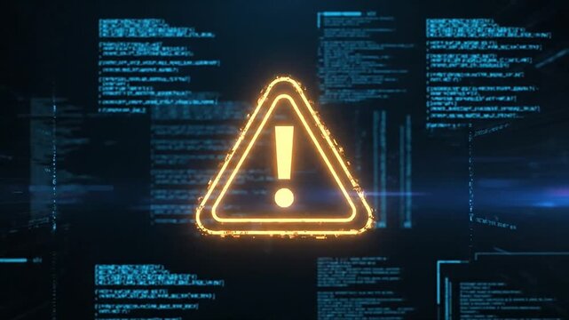 A neon warning sign with an exclamation mark glows brightly against a dark digital landscape filled with code and data streams