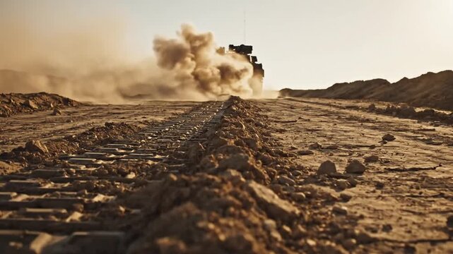 Armored Military Vehicle Driving Fast, Kicking Up Dust in a Dry Desert Environment with Sunset Light