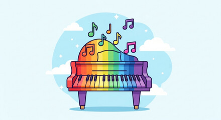 Vibrant rainbow piano with music notes floating in the air against a serene sky background
