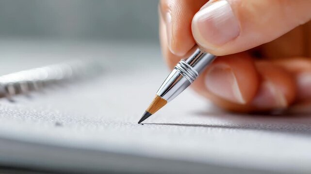 Close up of a hand holding a pen and writing on white paper, capturing the essence of creativity and productivity. Macro shot highlights detail and focus in everyday tasks
