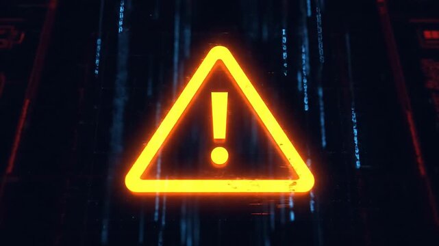 A neon warning triangle with an exclamation mark glows brightly against a dark technological background with flowing digital code