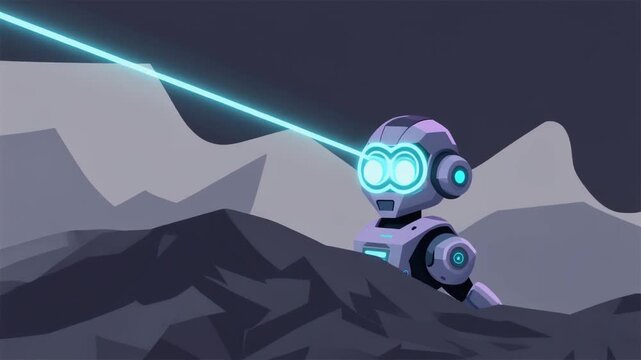 Sleek cybernetic robot with glowing eyes projects a powerful laser beam across a desolate, futuristic landscape, symbolizing advanced technology and the relentless pursuit of innovation
