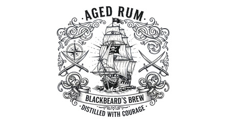 Aged Rum Blackbeard's Brew Pirate Ship Emblem with Swords and Compass