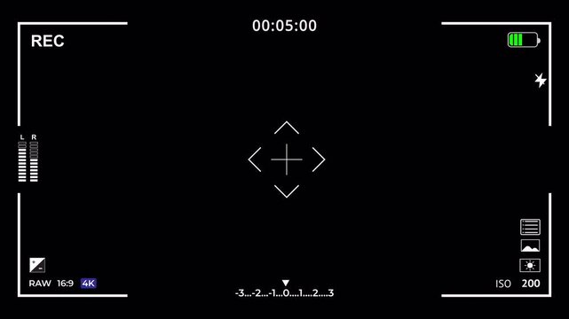 Digital video recording screen overlay with timer on black alpha channel background, 4K.