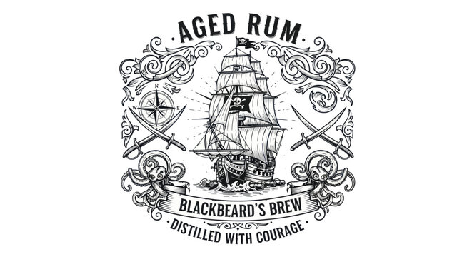 Aged Rum Blackbeard's Brew Pirate Ship Emblem with Swords and Compass