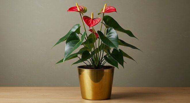 Vibrant Red Anthurium in a Gleaming Gold Pot on a Wooden Surface.