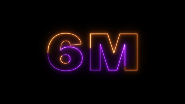 6 Million celebration, social media effect neon glow 6M text animation on black background. 