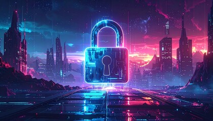 A vibrant digital illustration features a glowing padlock overlaid on a futuristic city, hinting at security. Skyscrapers and a pathway are displayed