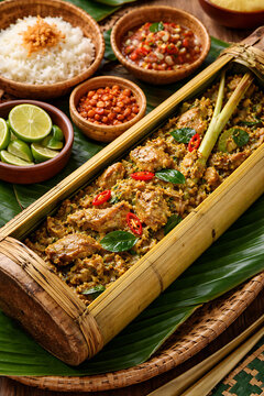 Traditional Balinese Jaje Tibungan Chicken Cooked in Bamboo with Steamed Rice and Sambal on Banana Leaf 