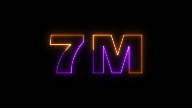 7 Million celebration, social media effect neon glow 7M text animation on black background. 